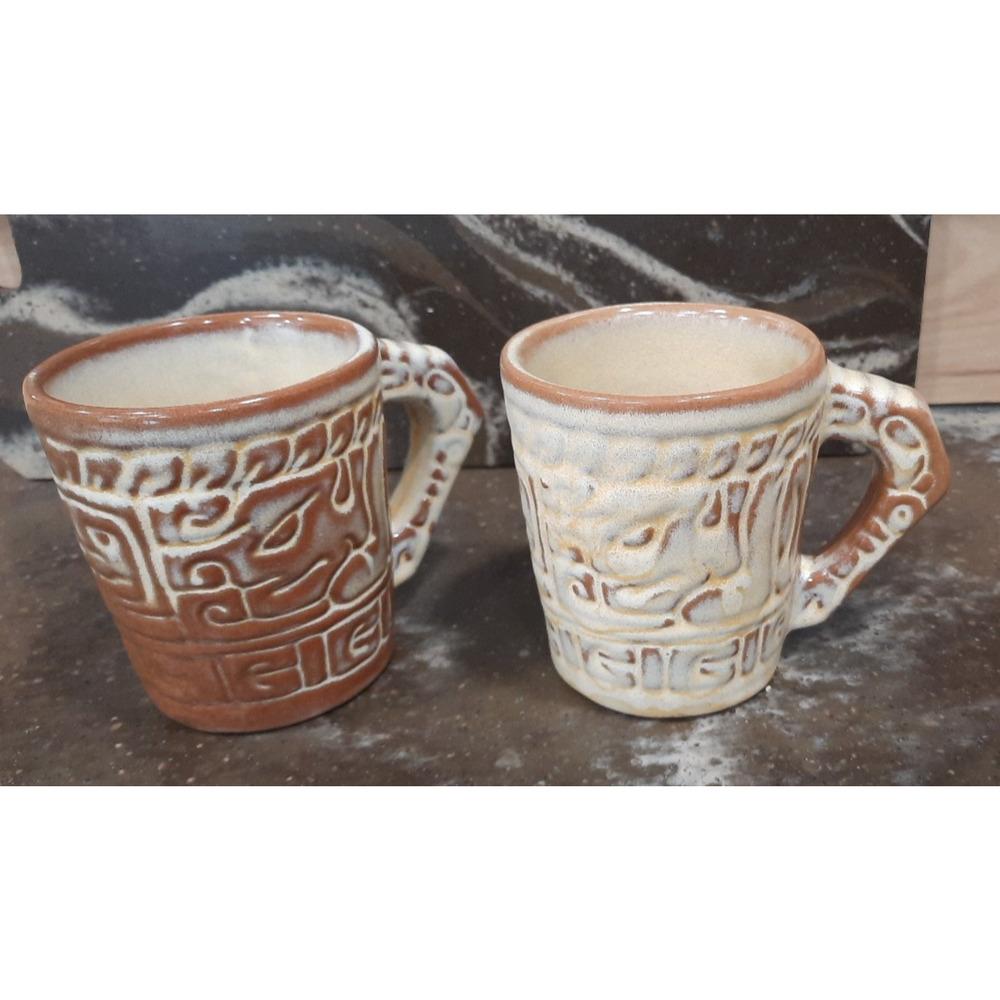 Lot of 2 Frankoma Pottery Aztec Mayan Coffee Mugs Tiki 8oz # 7CL Brown
